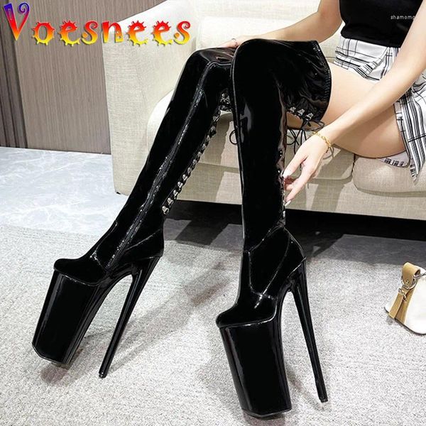 Boots Super High 26cm Pole Dance Patent Cuir Femmes Over-the-Knee Pompes Talons minces Plathile Chaussures Stripper Black Black