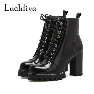 Boots Super High Heel Platform Ankle Designer Fashion Black Patent Leather Lace Up Motorcycle Winterschoenen Dames1