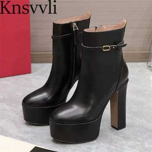 Boots Super High Heels Ankle Boots Women Echt lederen Ronde Toe Runway schoenen vrouwen dikke hakken platform korte laarzen vrouw x230523