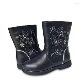 Boots Super Quality 1pair Zip Fashion Le cuir fleur Flower Children Boot Blue Kid Gir Shoes Girls