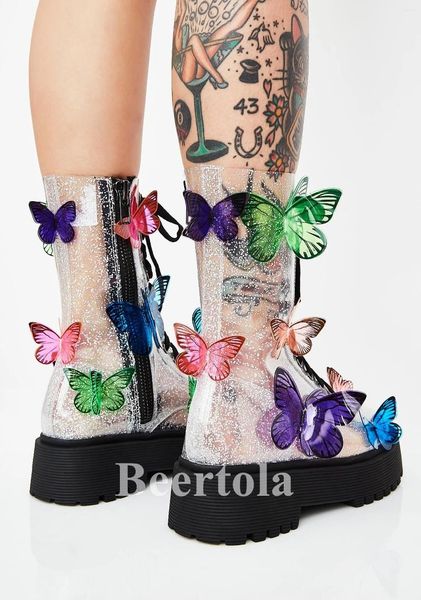 Botas dulces 3d mariposa mujer brillo transparente transparente colorido plataforma de tobillo zapatos de fiesta de cordones