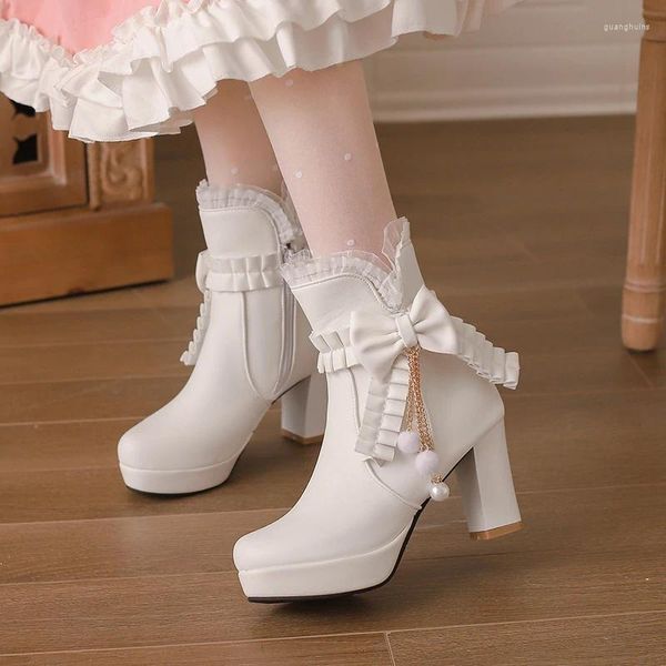 Botas dulce lolita estilo mariposa-nudo cadena volantes tobillo para princesa cremallera 5 cm bloque tacón alto fiesta zapatos de mujer rosa 2024