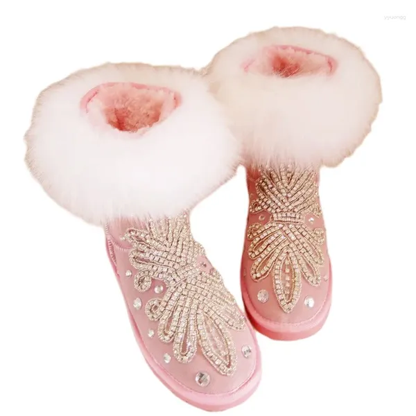 Botas dulces rosa vaca pelaje nieve para mujer cristales plateados brillantes damas al aire libre plano tibia térmica zapatos de invierno zapatos de invierno