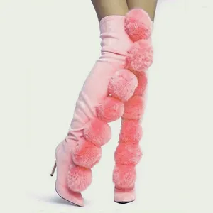 Laarzen zoete roze furball dij dames bont pompon richtte teen hoge hiel stretch suede over knie catwalk elasticiteit schoenen