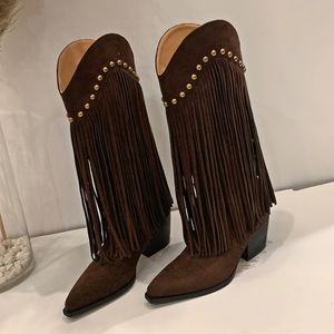 Laarzen Hoge Laarzen Dames Dikke Klinknagels Vintage Knielaarzen Mode Bruin Zwart Winter Western Cowboy Suede Ridderlaarzen 231207