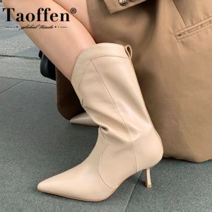 Boots Taoffen 2023 Nouvelles femmes talons hauts bottes réelles en cuir mince talon sexy ins hiver woman chaussures fête des femmes taille 3439