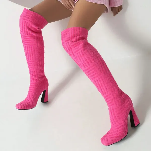 Bottes serviette éponge tissu fourrure Rose Fuschia couleur Orange Western Sexy femme au-dessus des genoux chaussures d'hiver talons hauts longs sur le genou