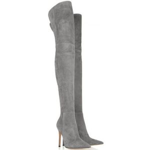 Botas por encima de la rodilla otoño invierno mujer gris gamuza elástico puntiagudo puntiagudo tacón alto tacón alto muslo