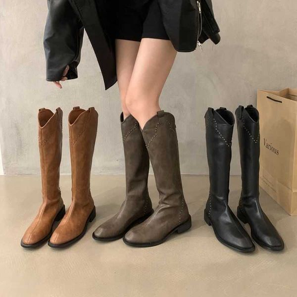 Bottes talon épais marron bouche en V manches mi longues chaussures pour femmes nouveau automne hiver droite polyvalent chevalier