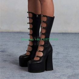 Bottes épaisses semelles noir Botf creux Botf côté Zipper Square talon Pole Dance chaussures Super talon sexy Bottes