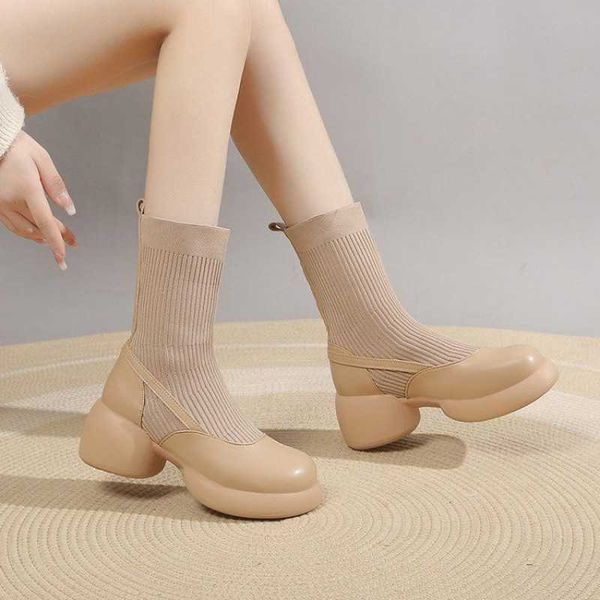 Botas de suela gruesa elástica Martin para mujer calcetines de esponja de lana de cuero genuino fino nuevo otoño invierno tacón alto corto