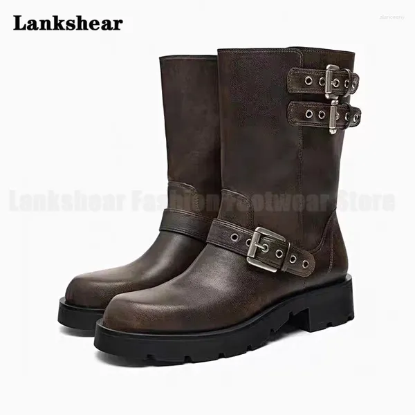 Bottes à semelle épaisse marron pour femmes, automne/hiver, Style britannique, chevalier rétro moto Western Cowboy