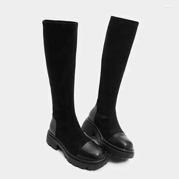 Bottes à semelles épaisses pour femmes, plate-forme en daim, épissure élastique, mode, plus mince, en cuir, chevalier, longue fille