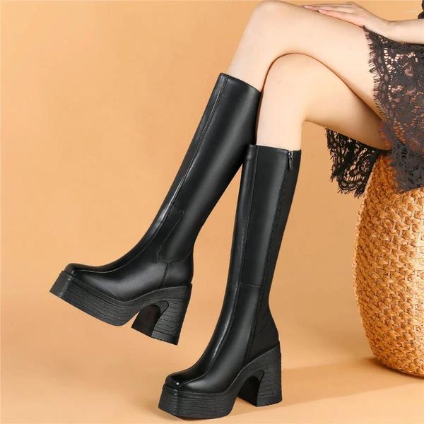 Bottes cuisses hautes creiners femmes en cuir authentique talons épais