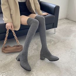 Laarzen Dij Hoge Schoenen Sok Dames Overtheknee Elegante Vrouw Sexy Panty Dikke Hakken Herfst Winter Breien Lange laars 231030