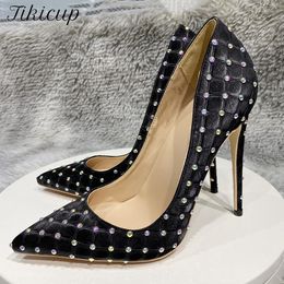 Laarzen Tikicup Rhinestones Women Black Plaid Fabric Pointy Teen Hoge Heel Shoes Poetste Party Stiletto Pumps 8cm 10 cm 12 cm aanpasbaar