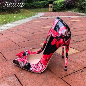 Botas Tikicup Mujeres Gloossy Floral Impreso Tisos altos puntiagudos 8 cm 10 cm 12 cm Damas de fiesta Damas zapatos Partes de aguja de patente sexy