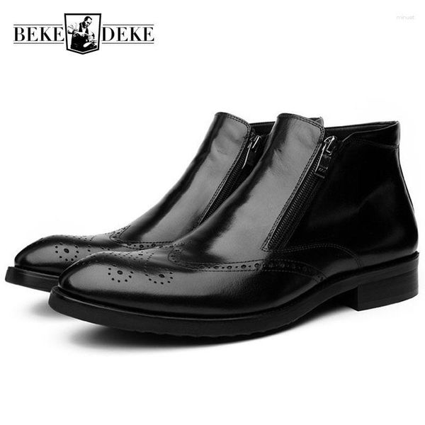 Botas Punta Vintage Brogue Wing Tobillo para hombre Trabajo de negocios Zapatos de cuero de vaca real con punta puntiaguda británica Calzado de tacón bajo