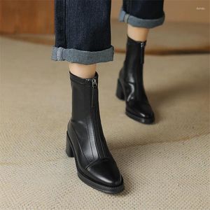 Bottes à bout épais pour femmes, talons ronds, à la mode, courtes, Zapatos De Mujer, faites à la main, hautes, automne/hiver, 385 744