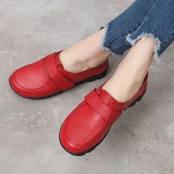 Boots Top Quality Red Wedding Flats de Luxury Femme Chaussures en cuir réel Big Taille 42 Landes de dames maman Chaussures de travail femme Black Moocasins