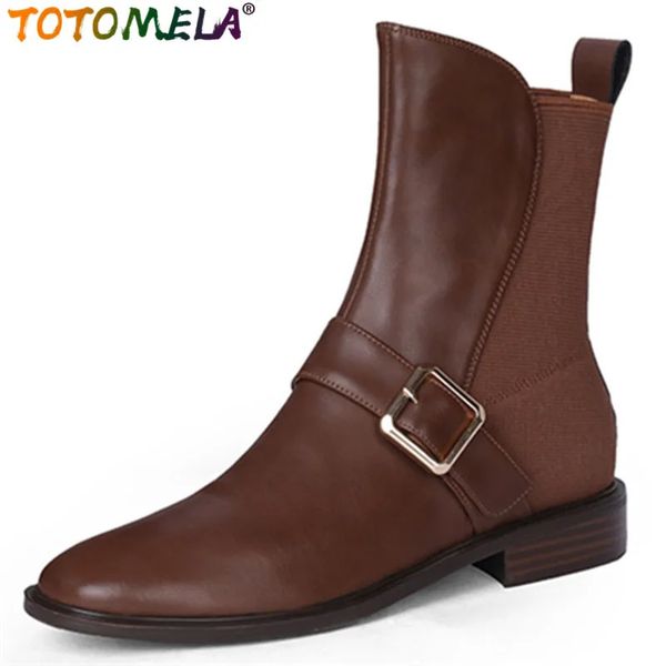 Bottes TOTOMELA Arrivent Square Low Talons Robe Chaussures Rétro Automne Hiver Cheville Véritable Cuir Femmes 231026