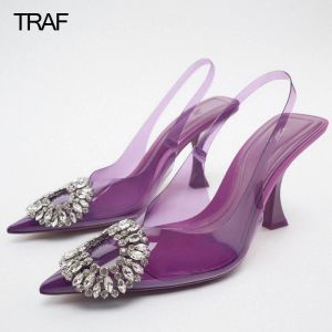 Boots Traf Rhinestone High Heels Femme Pumps Talons transparents paillettes Clear Purple Wedding Chaussures Bride Chaussures Femme Printemps Été 2022