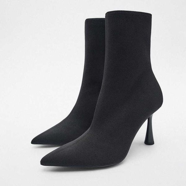 Bottes TRAF Femme Hiver Noir Bottines Élégantes Bottes À Talons Hauts Femme Bout Pointu Stretch Tissu Stilettos Talon Chaussure Feamle Bottes Z0605