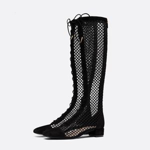 Boots Trend Women 2023 Hollow Out Mesh Summer Gladiator Sandals Lace Up Knee Low Heel Zapatos Long Botas Mujer 230810