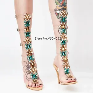 Laarzen trendy buckle riemen dunne vrouw knie hoge strass gladiator sandaal bohemia stijl kristallen schoenen