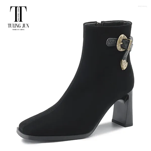 Botas TULING JUN 2024 Otoño Invierno Serie francesa Bota de mujer Punta cuadrada Tacones altos Elegante Moda Temperamento Zapatos para mujeres L