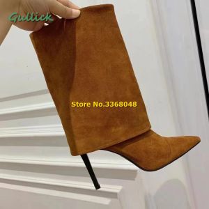 Laarzen omdraaien midden kalf laarzen suede tan grijs zwart stiletto hoge hak winter vrouwen laars sexy puntige teen vaste slip op echte schoenen