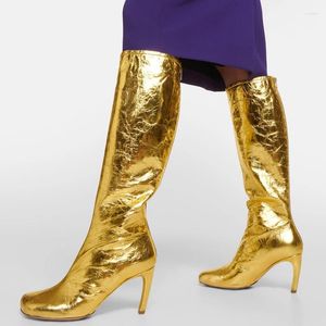 Boots Unique arrière zipper talons minces femmes en daim solide knee haut argent long chaussons toe carrés personnalisés chaussures de dames