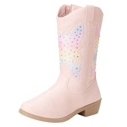 Botas Unishuni Girl Western Cowboy High Heel Cool Cowgirl for Kids Knee Pink Princess Riding Shoe 230811