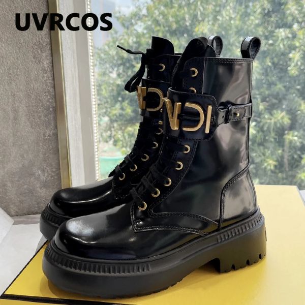 Botas uvrcos 2022 New Fall Women's Genuine Leather Toble Boots Talones de plataforma Botas cortas para mujer Punk Martin Bots Winter Shoes