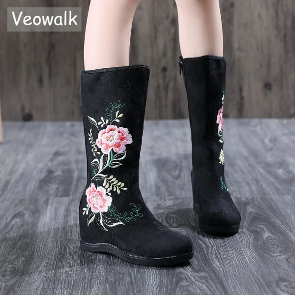 Bottes Veowalk Autumn Fabric pour femmes Coton Tissu Midcalf Boots Chinois broderie femme cachée Talon Talon Comfort Chaussures Automne Bottes Bottes