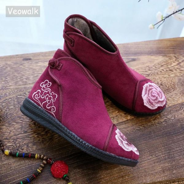 Botas Veowalk Winter Women Fabric de algodón Cálido Flanado Fuera de tobillo sin desliz