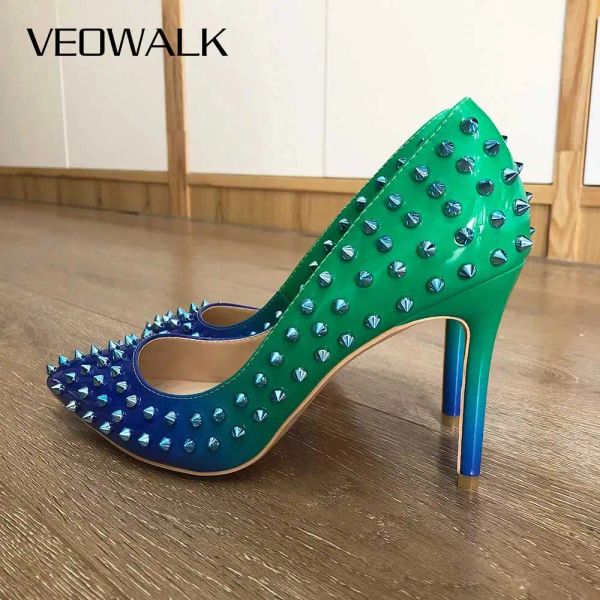 Botas Veowalk Women Green Blue Gradiente Patente High Heelswith Spikes Sexy Ladies Toe Stilettos Bombas Chic Slipon Party Zapatos