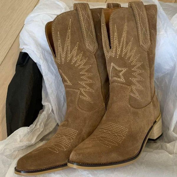 Bottes Vintage brodé chevalier bottes automne femmes Western Cowboy bottes pointu grande taille talon épais chaussures de randonnée Botas Femininas 230830