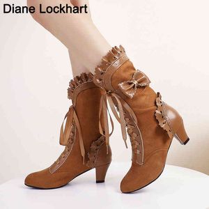 Laarzen vintage high hiel dames steampunk schattige faux suède boog veter laarsjes herfst winter schoenen dames cosplay 41 220901