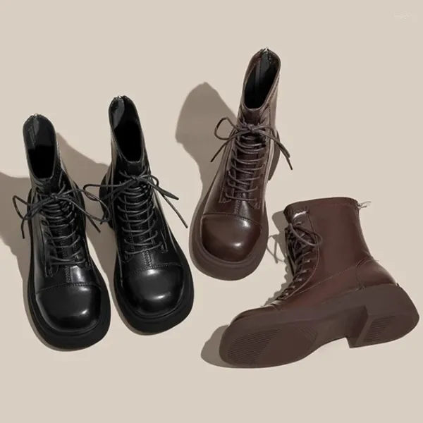 Bottes Vintage en cuir mat talon épais court automne plate-forme à lacets décontracté cheville mode dames chaussures