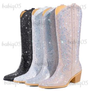 Bottes Vintage mi-mollet bottes femmes strass bout pointu talons épais Cowboy Cowgirls luxe Western chaussons chaussures à la mode femme T231121