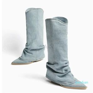 Botas Vintage plisadas de mezclilla hasta la rodilla para mujer, botas largas sin cordones con punta en pico, tacón grueso occidental, otoño 2023