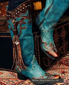 Bottes Vintage bottes d'équitation femmes gland Punk Cowboy bottes Rivet automne femme mode bottes hautes talon épais 230403