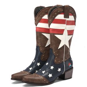 Bottes Vintage clouté brodé pentagramme bottes de cowboy occidentales drapeau américain talon bloc pointu grande taille bottes pour femmes 34 230803