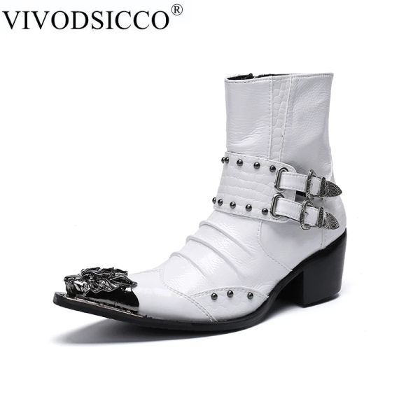Boots Vivodsicco Fashion Vérine en cuir Rivets Men de la cheville Chaussures robes formelles Point Toe Metal Toes Bottes Cowboy Bottes