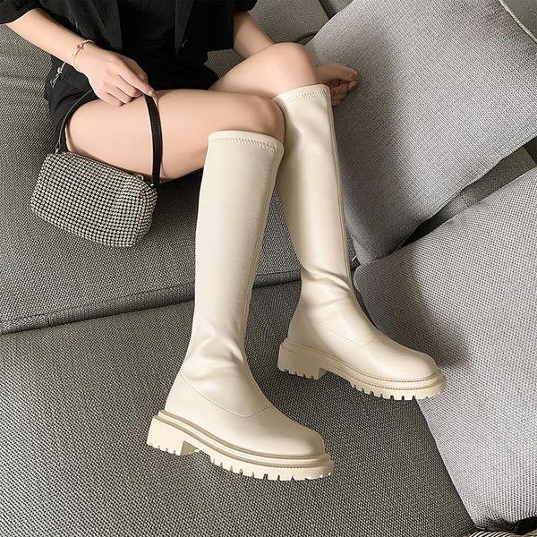 Botas de piel cálida rodilla alta plata plataforma otoño zapatos góticos cuero blanco 2021 invierno cremallera punk largo