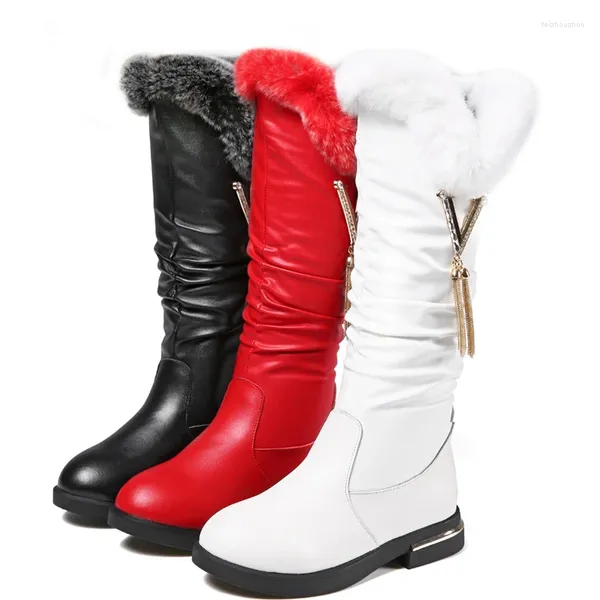 Bottes chaudes fourrure peluche neige femmes chaussures d'hiver botte haute femme imperméable en cuir de vachette cheveux