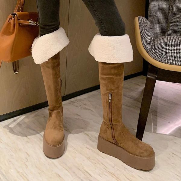 Botas cálidas invierno con hebilla sobre rodillas cremalleras de la plataforma de otoño plataforma simple zapatos de condena por tramo de gamuza