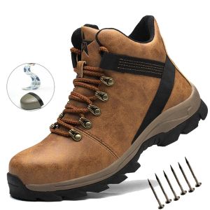 Laarzen waterdicht werk veiligheid laarzen mannen leren laarzen onverwoestbare mannelijke werkschoenen winterlaarzen bruin niet -slip stalen teen schoenen