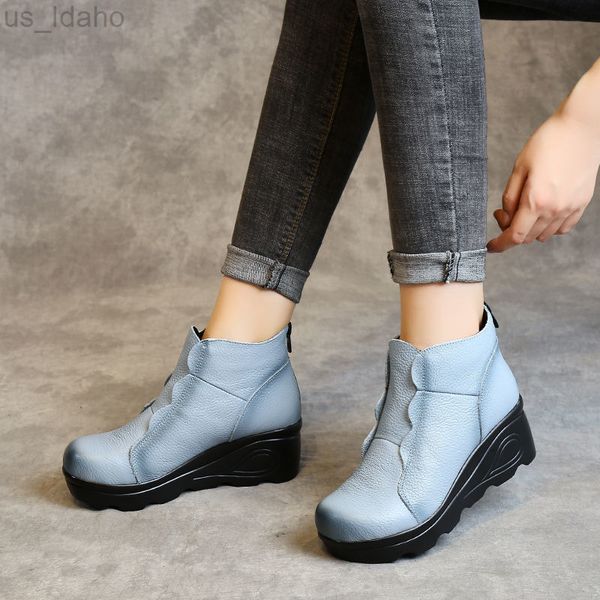 Botas de tacón de cuña, zapatos elegantes de diseñador para mujer, tobillo de cuero genuino azul para mujer, tacones bajos, piel de vaca, mamá 2021, L220920 para mujer